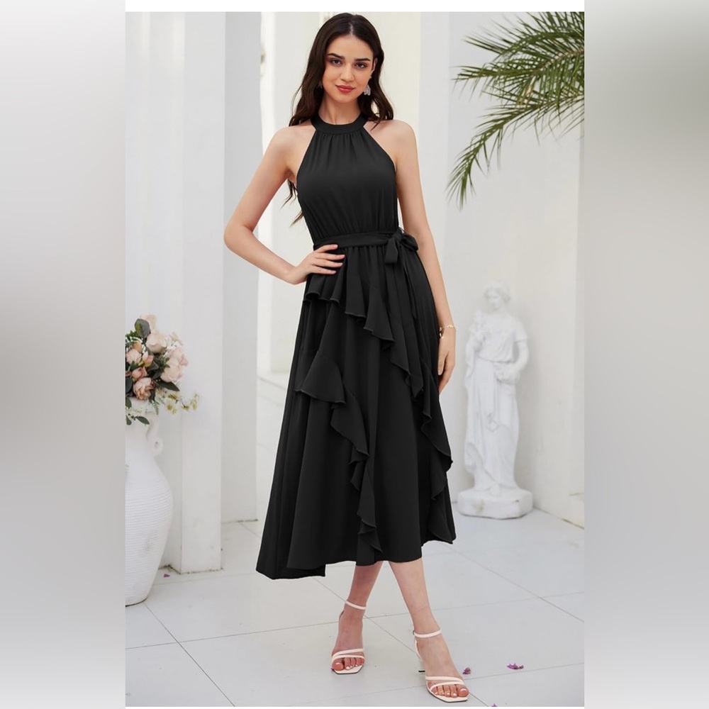 Grace Karin Sleeveless Halter Neck Ruffle Hem Split Midi Dress | Black |Large